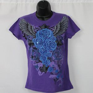 PURPLE/PLUM RUE 21 T-SHIRT w/Wings, Cross, & Roses